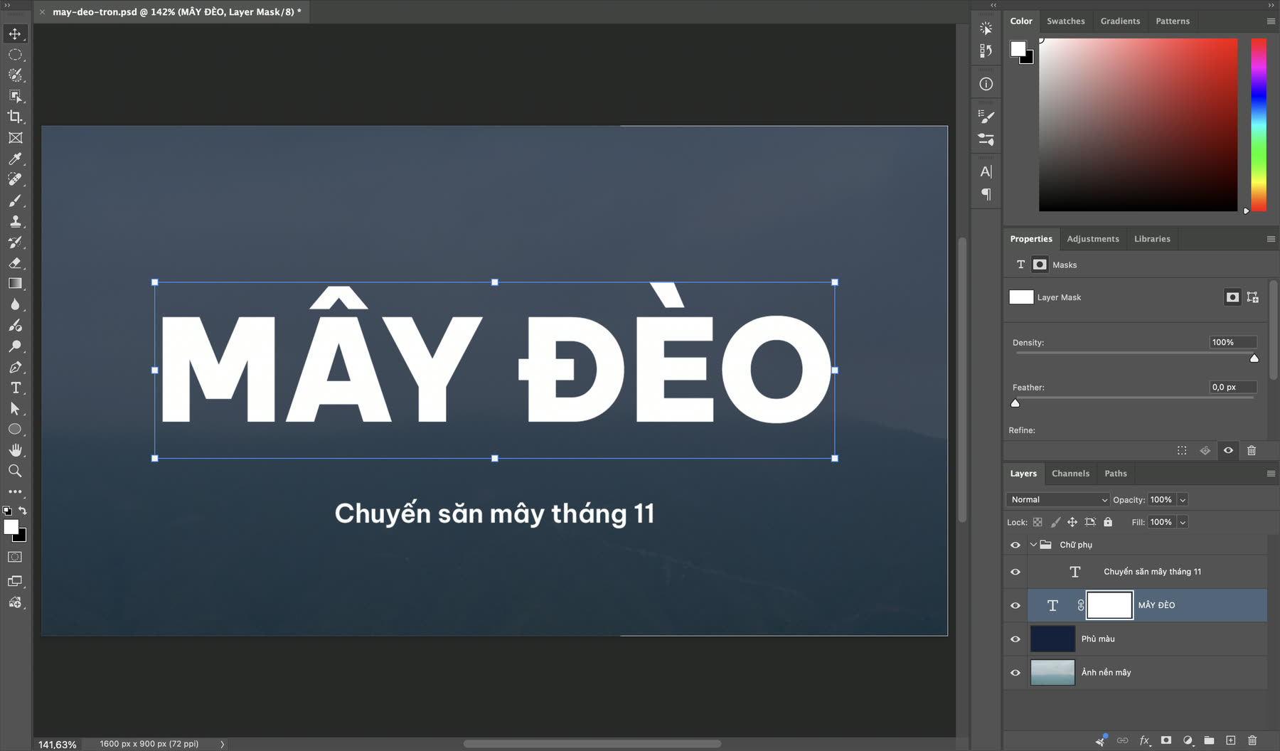 Lớp chữ Photoshop vừa thêm layer mask trắng, thumbnail mask có viền