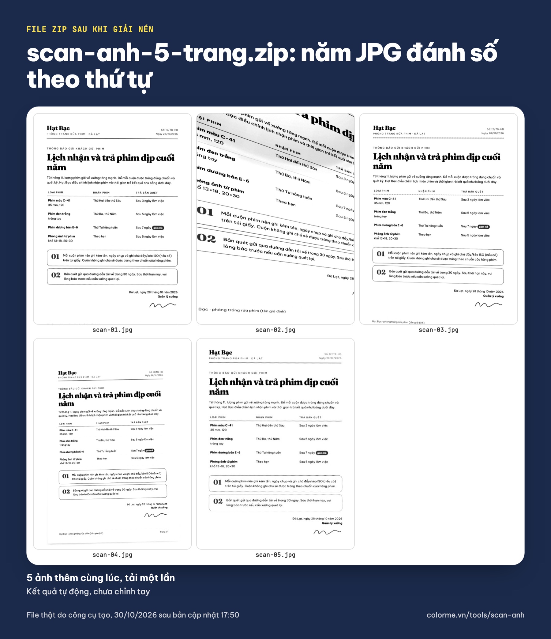 Scan nhiều ảnh cùng lúc: file ZIP gồm các ảnh JPG đánh số theo thứ tự