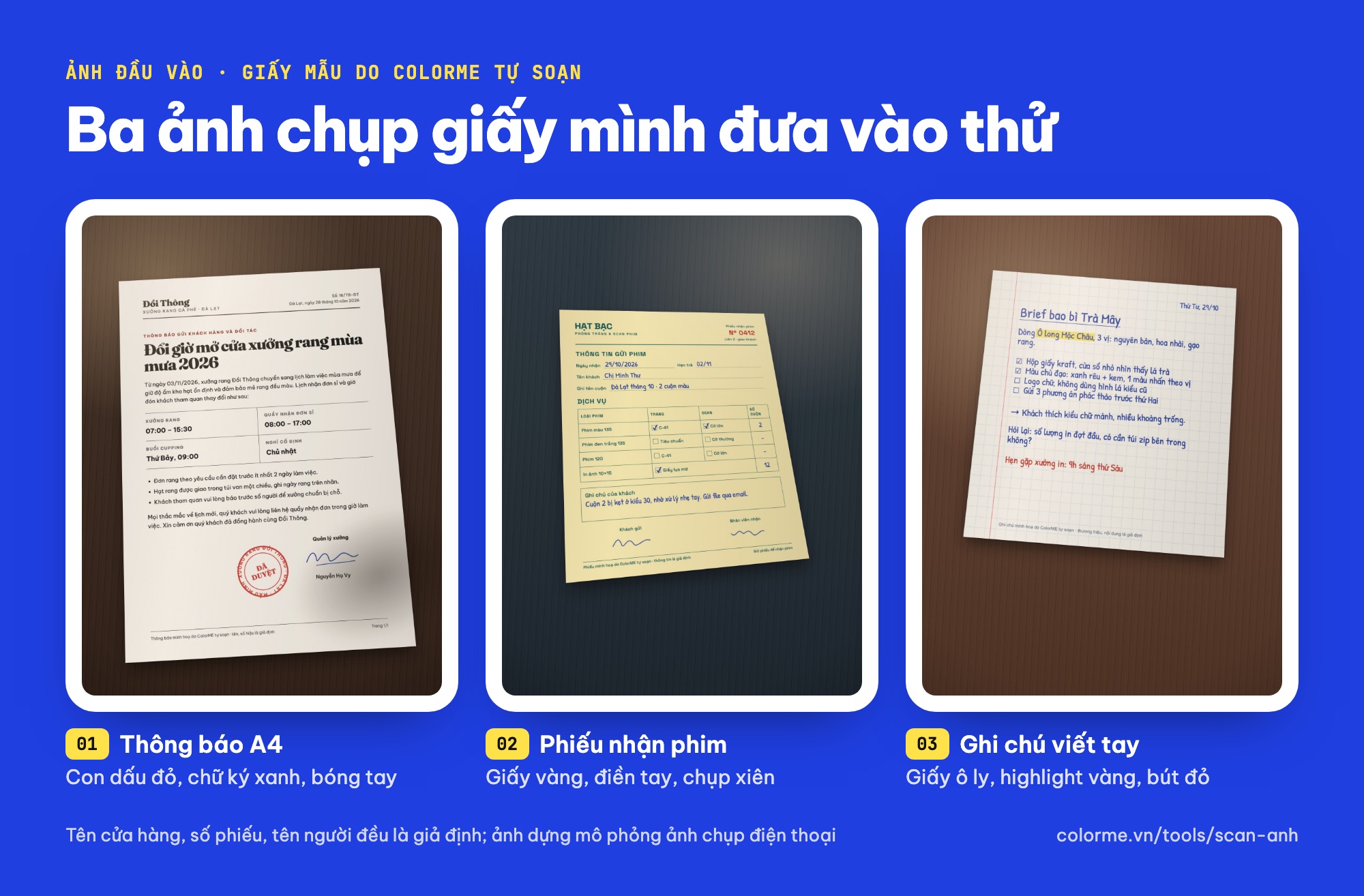 Ảnh chụp giấy tờ mẫu dùng để scan ảnh online: thông báo A4, phiếu nhận phim, ghi chú viết tay