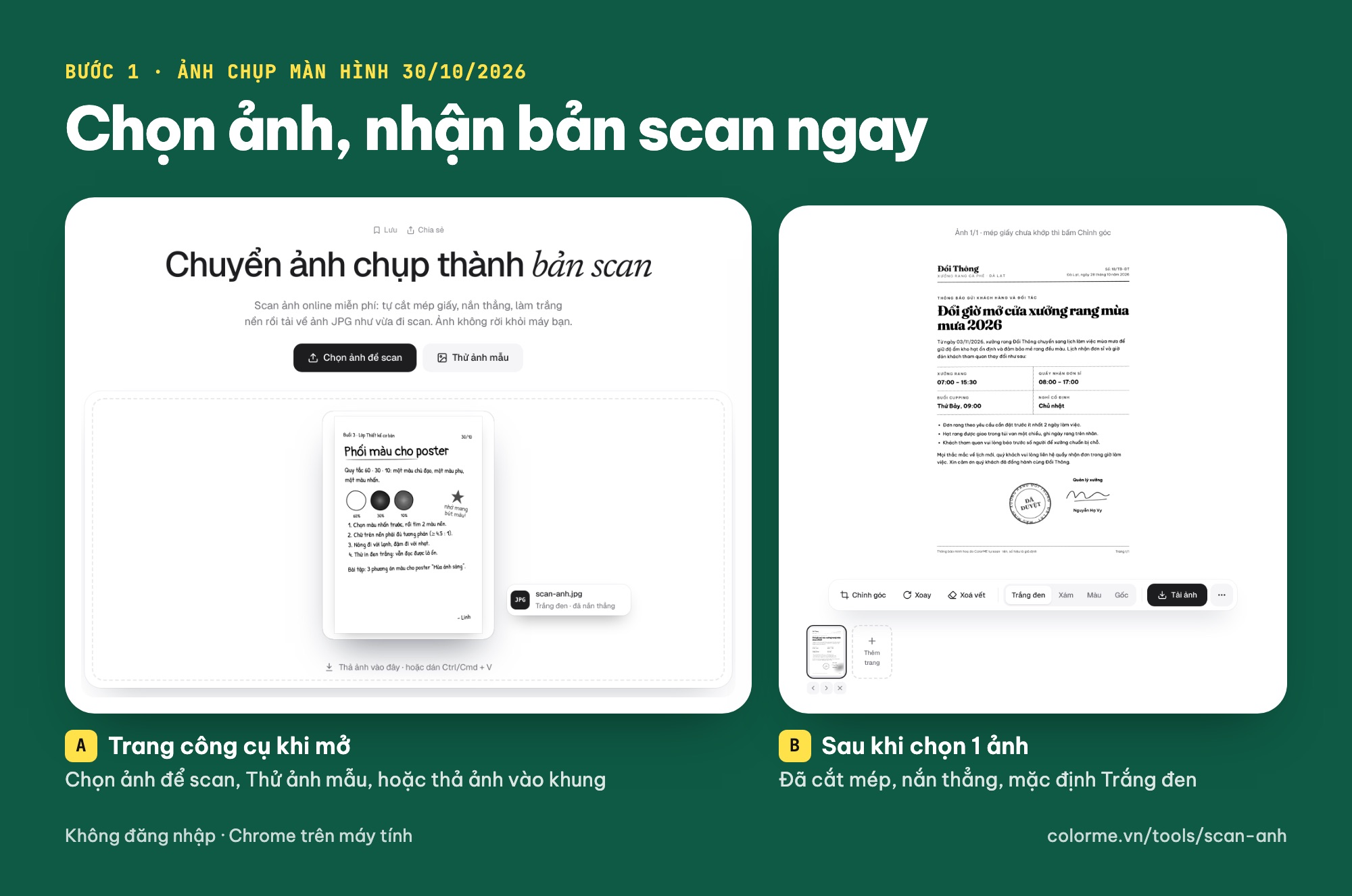 Scan ảnh online trên ColorME: chọn ảnh để scan, công cụ tự cắt mép và làm trắng nền