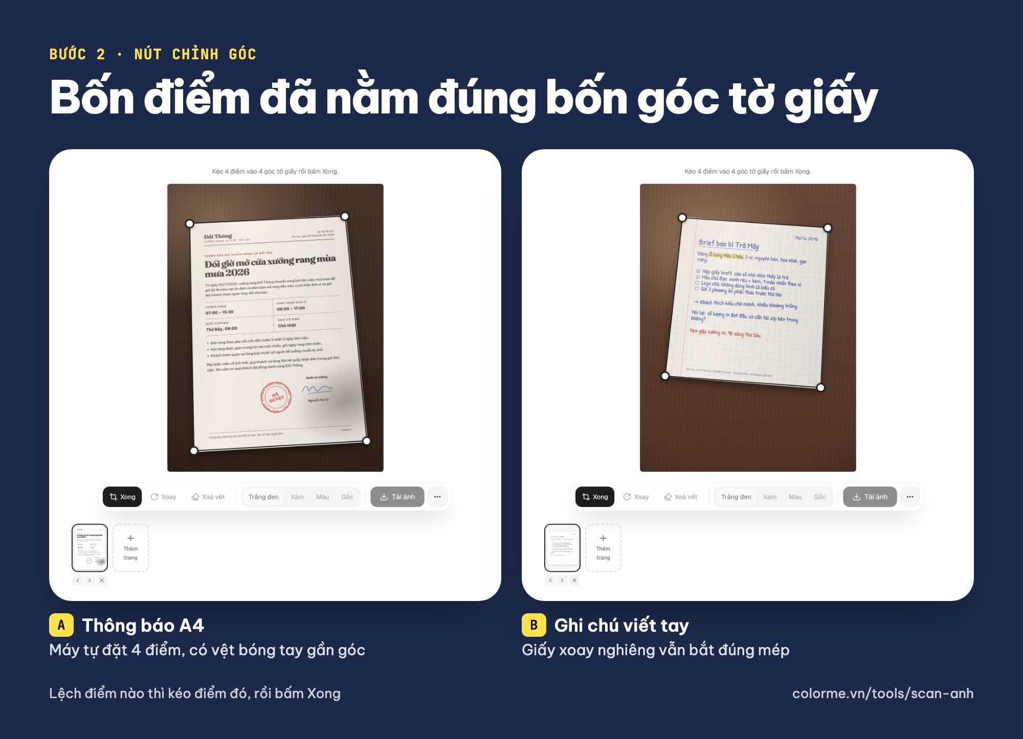 Chỉnh góc khi chuyển ảnh thành scan: bốn điểm ở bốn góc tờ giấy chụp nghiêng