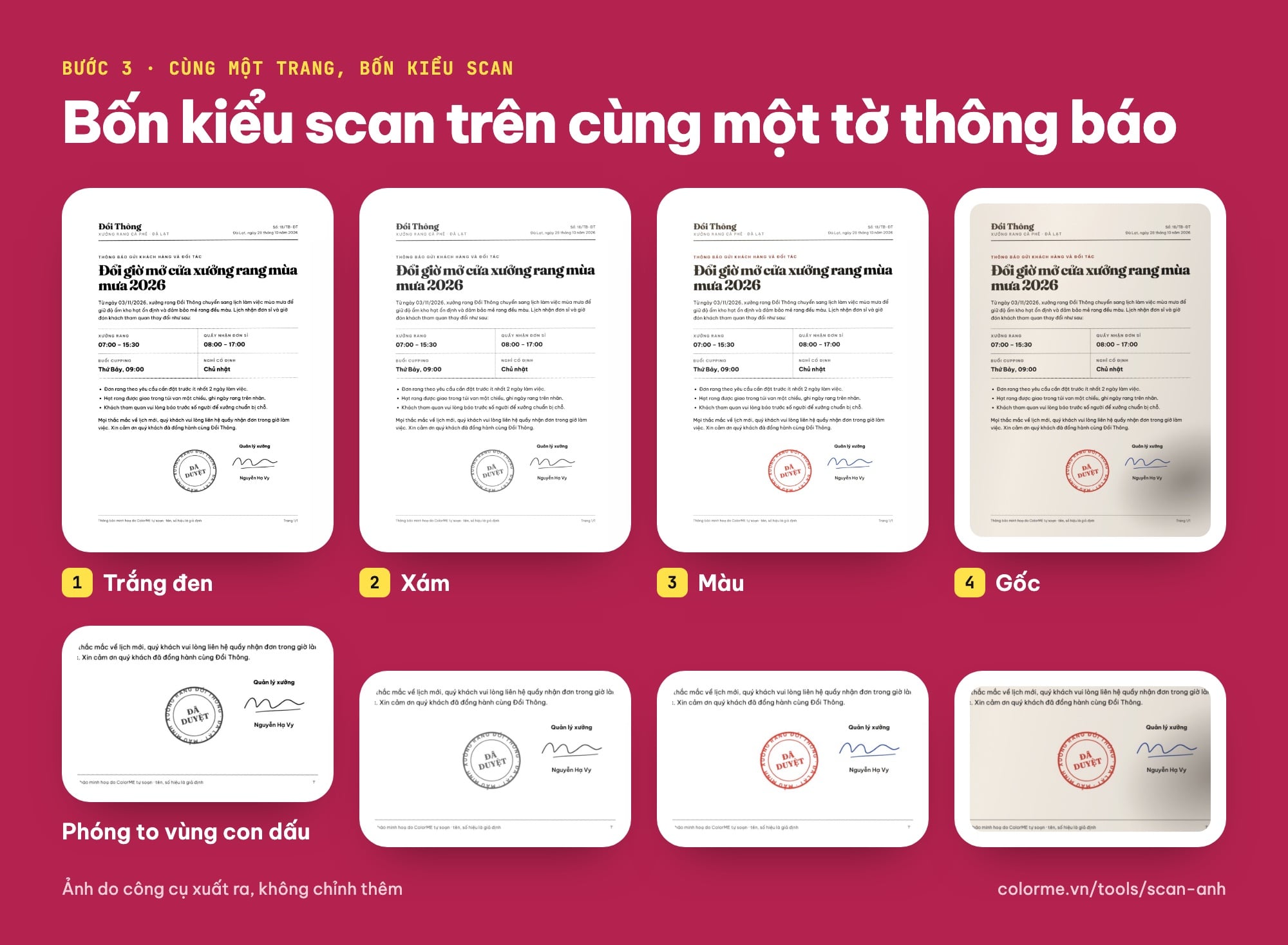 So sánh bốn kiểu scan ảnh Trắng đen, Xám, Màu, Gốc trên cùng một trang có con dấu đỏ