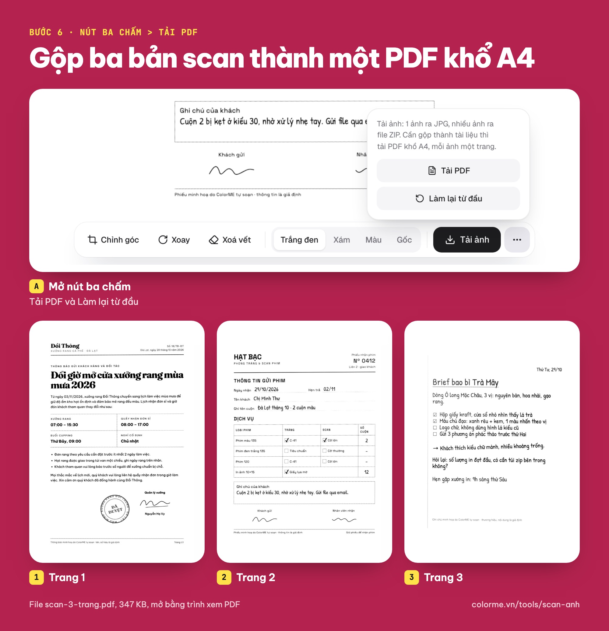 Scan ảnh thành PDF khổ A4 từ nút ba chấm của công cụ Scan ảnh