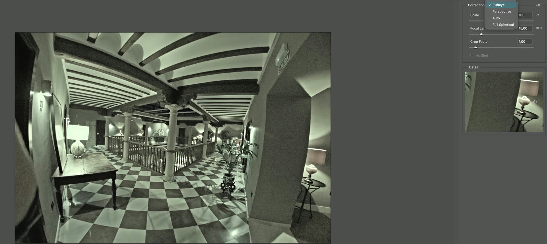 Hộp Adaptive Wide Angle trong Photoshop với menu Correction: Fisheye, Perspective, Auto, Full Spherical