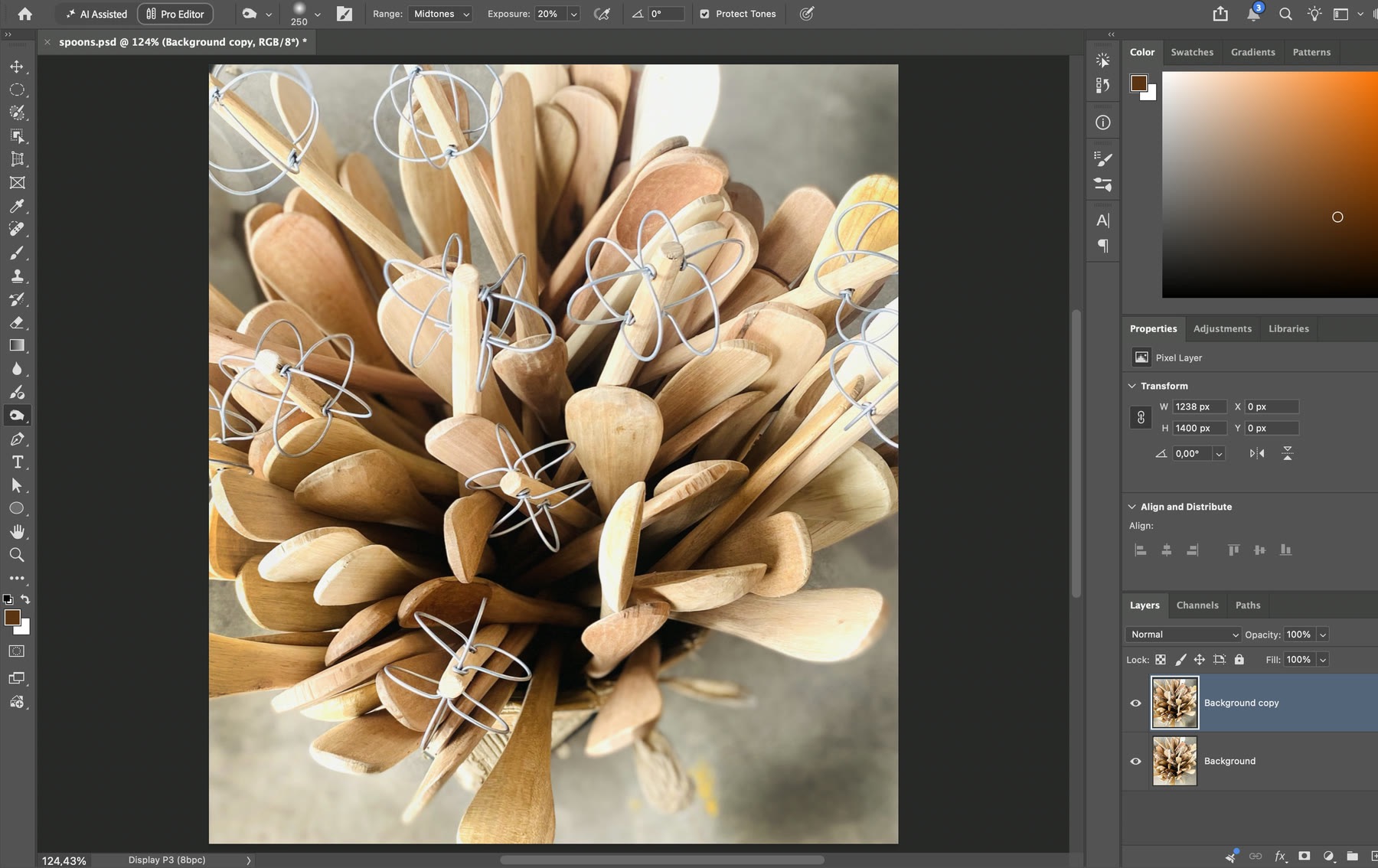Burn Tool với Range Midtones, Exposure 20% tô tối bốn góc nền trên layer Background copy trong Photoshop 2026