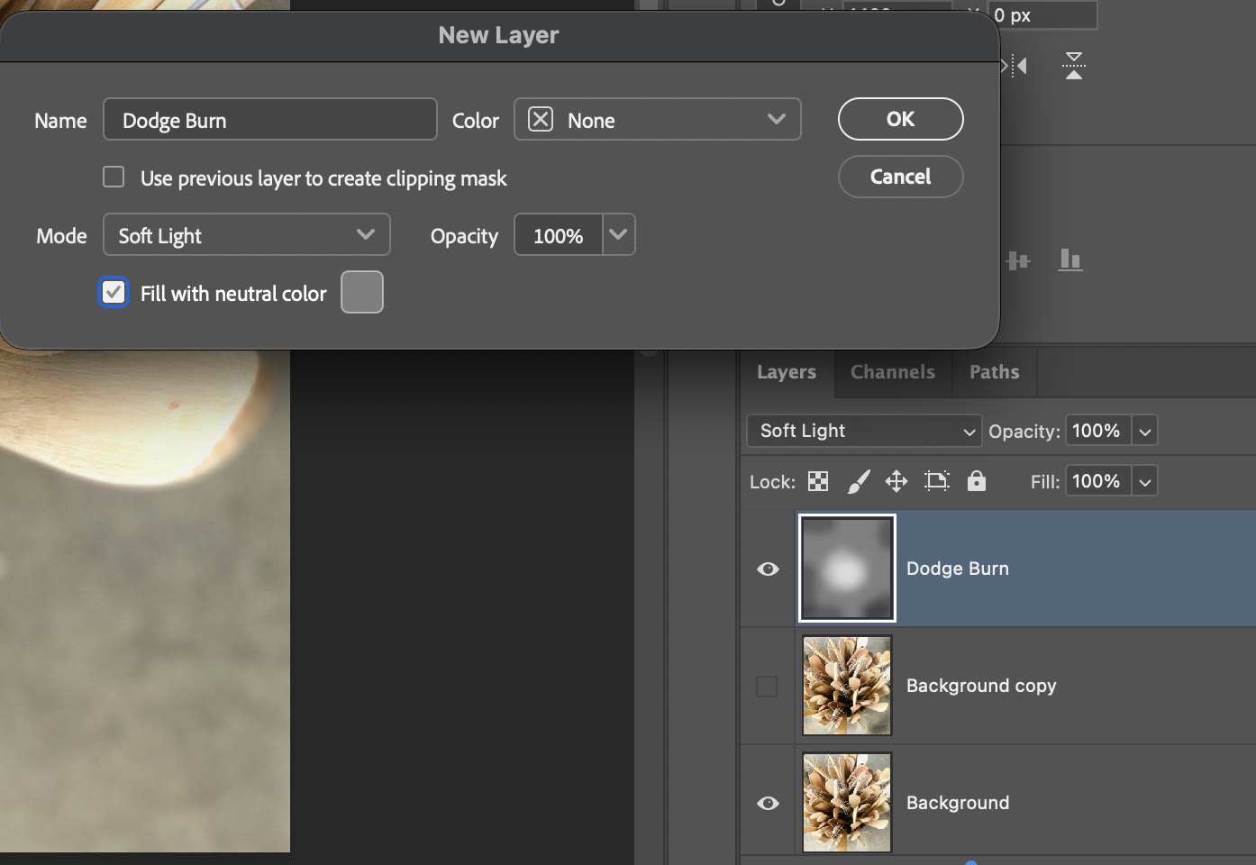 Hộp thoại New Layer trong Photoshop 2026 với Mode Soft Light và Fill with neutral color được tick