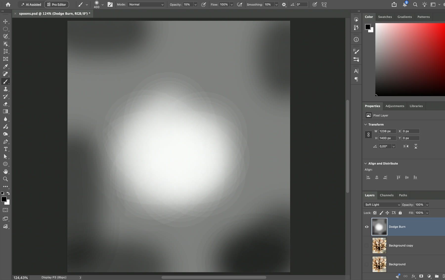 Layer xám 50% Soft Light hiện riêng trong Photoshop 2026: vùng giữa được tô trắng, bốn góc tô đen