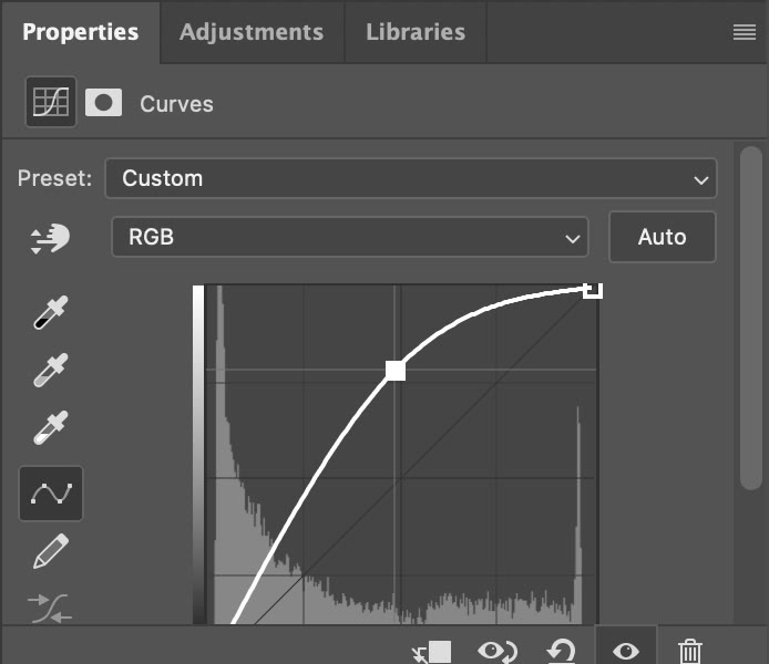 Properties panel của Curves trong Photoshop 2026, điểm giữa đường cong được kéo lên để làm sáng