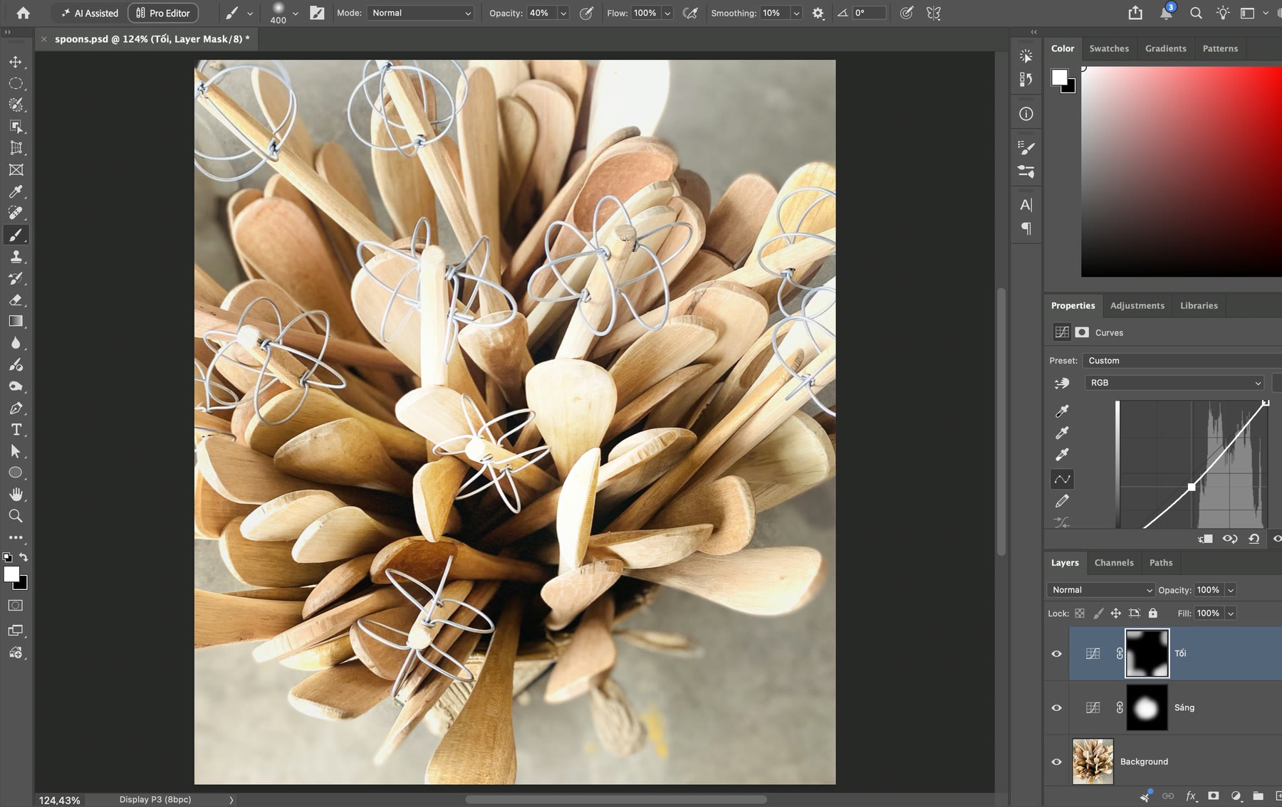 Hai layer Curves tên Sáng và Tối kèm layer mask trong Layers panel Photoshop 2026