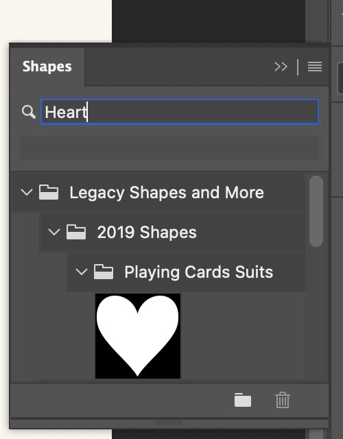 Tìm hình trái tim bằng ô Search Shapes trong panel Shapes Photoshop 2026