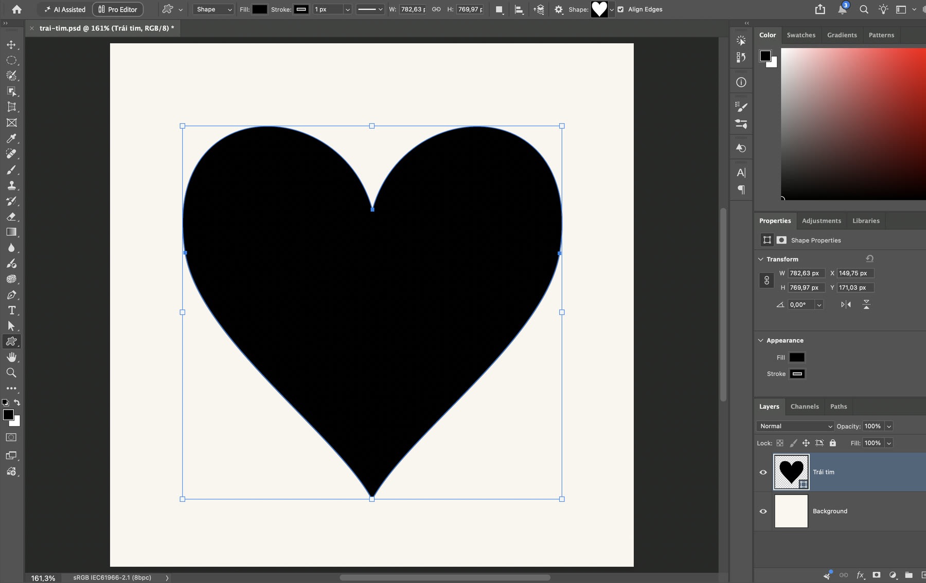 Hình trái tim vẽ bằng Custom Shape Tool trong Photoshop 2026, layer Trái tim trong Layers panel