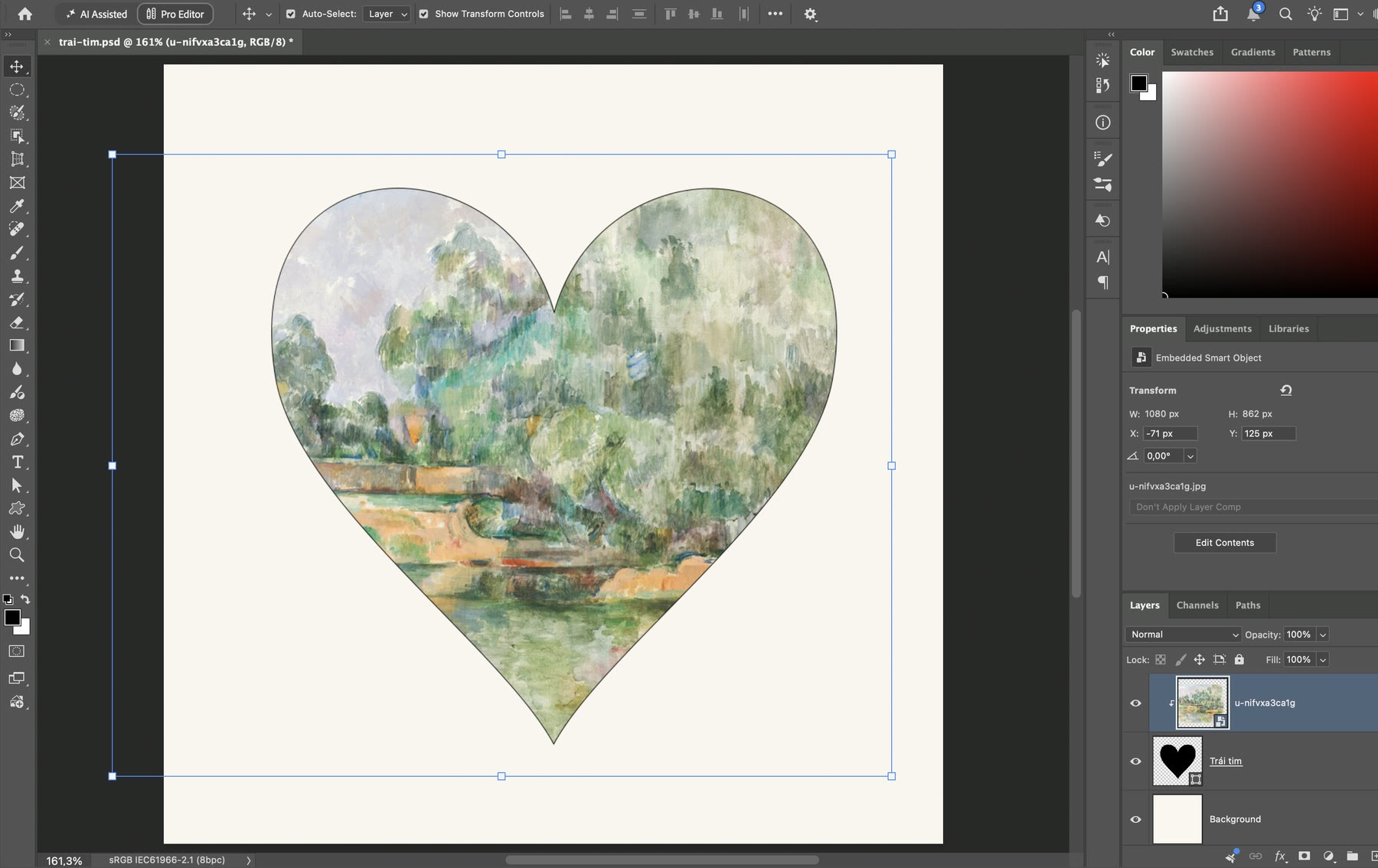 Ảnh tranh Cézanne nằm trong hình trái tim nhờ clipping mask trong Photoshop 2026