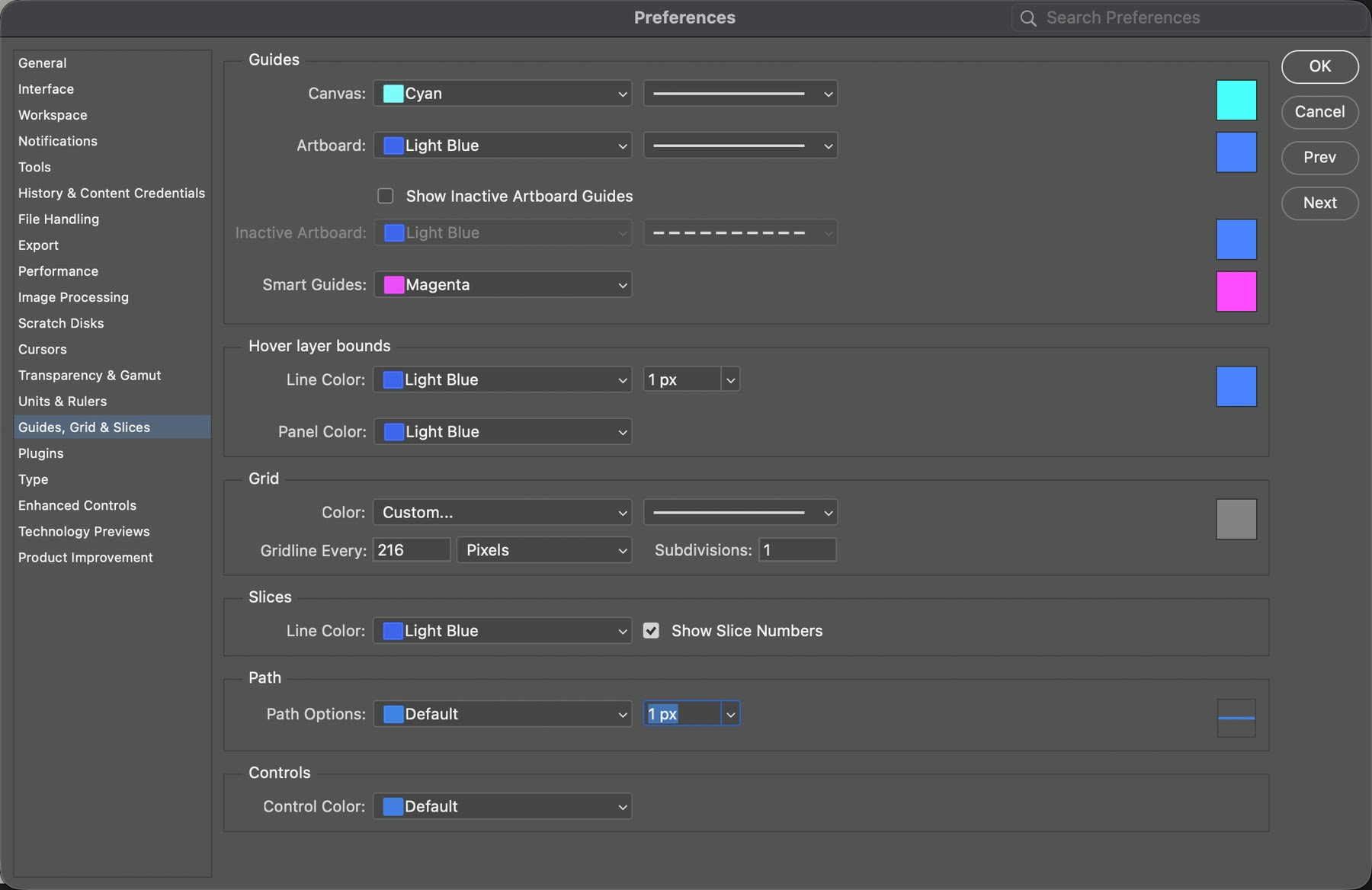 Hộp Preferences Guides Grid and Slices trong Photoshop 2026 với Gridline Every 216 Pixels, Subdivisions 1