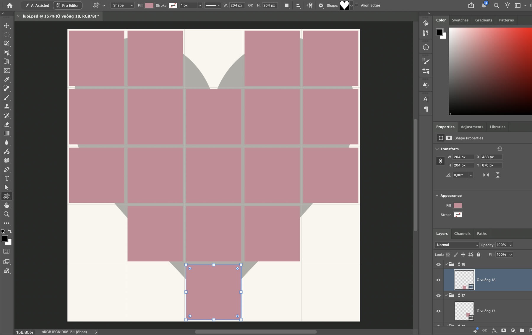 Lưới 5 x 5 với 18 ô vuông nằm trên viền trái tim mờ trong Photoshop 2026