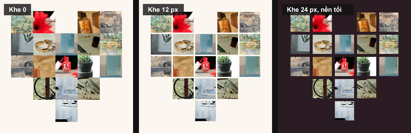 Ba bản ghép ảnh hình trái tim với khe 0, khe 12 px và khe 24 px trên nền tối