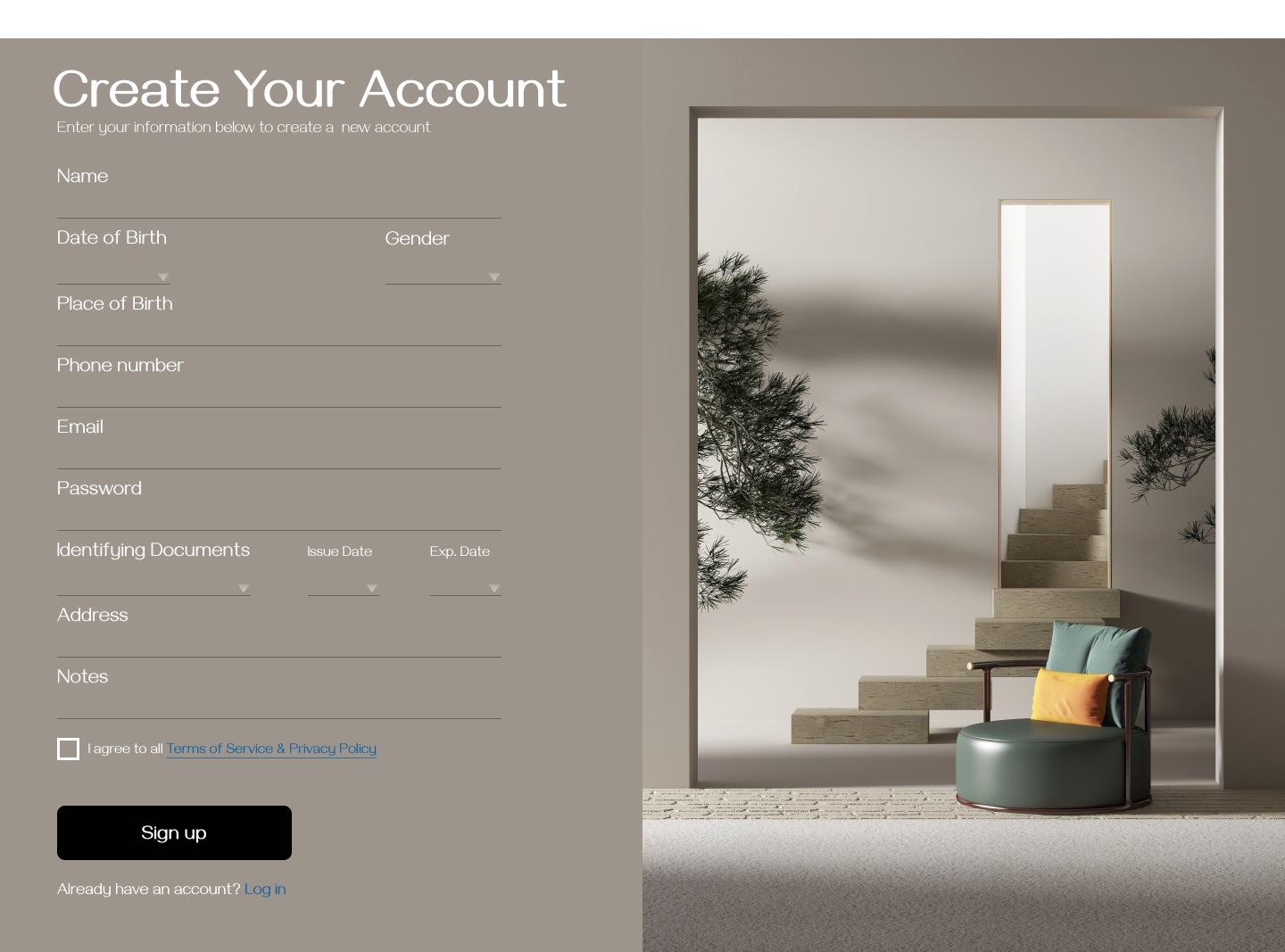 Sign up interface