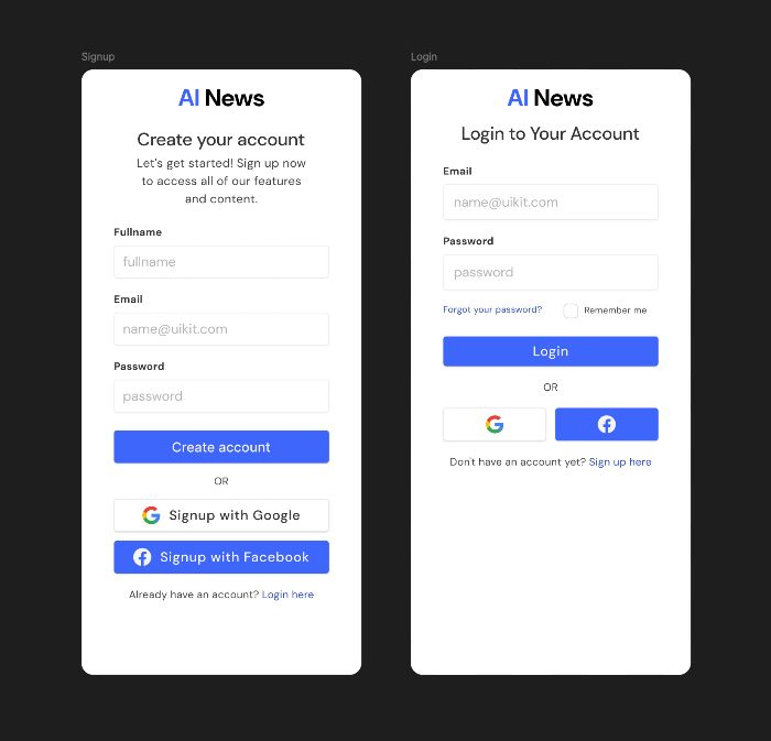 Thiết kế 02 màn hình Đăng ký & Đăng nhập cho Mobile App. Các thành phần UI (Button, Textfield, Select, Card, v.v…) được tạo bằng Auto layout.