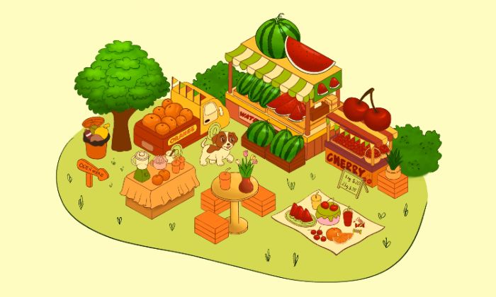 Isometric khu vực bán trái cây ở chợ