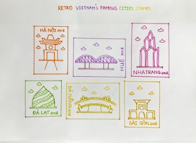 Retro city stamp 6 biểu tượng kiến trúc của 6 thành phố du lịch lớn của Việt Nam