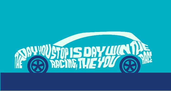 A blue and white poster with a car in the background