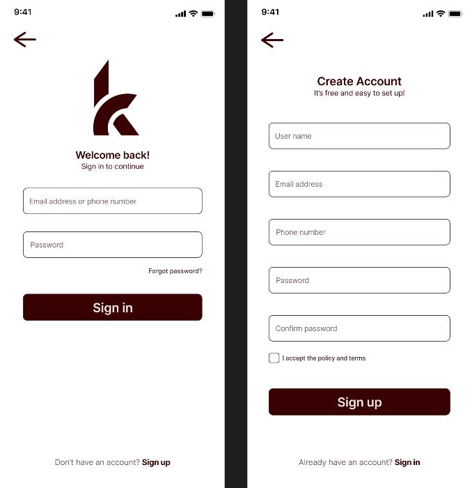 Màn hình Sign in, Sign up với auto layout