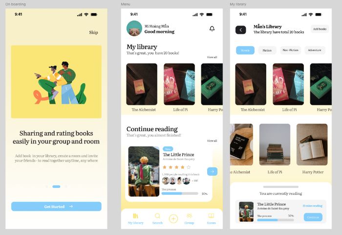 Giao diện 3 màn app đọc sách
