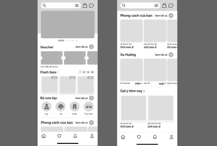 High wireframe Màn hình chính của Apps Thuê đồ