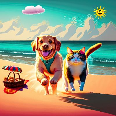 dog and cat running at the beach