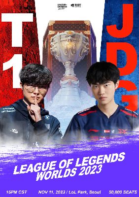 Poster event cho game League of Legends (giữa hai đội T1 và JDG)