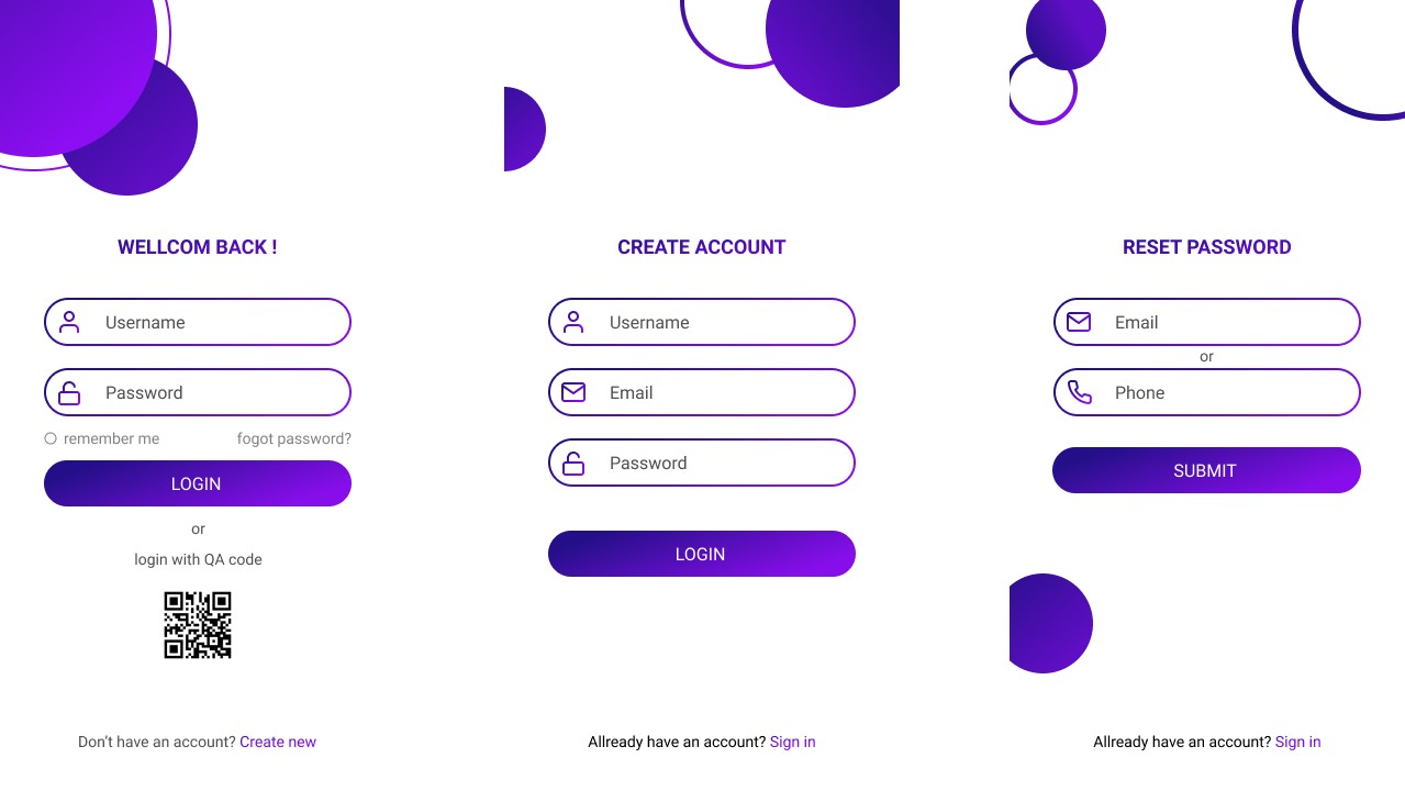 UI login signup reset password