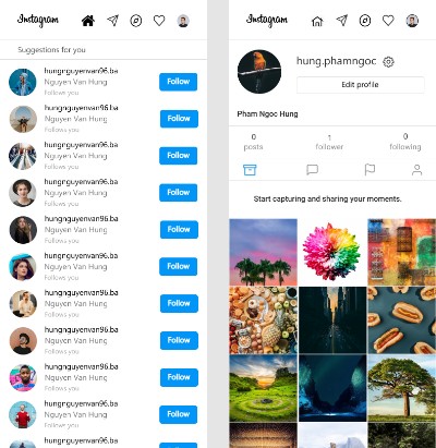 Instagram home and profile
